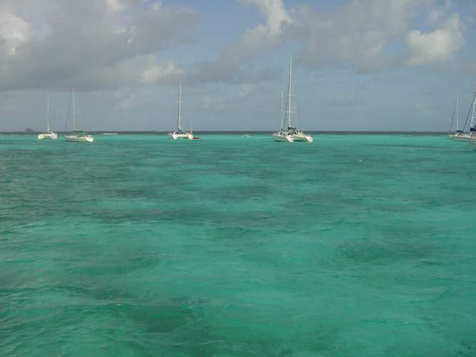 323 At our anchoring spot at the Tobago Cays... flat green water up to the reef